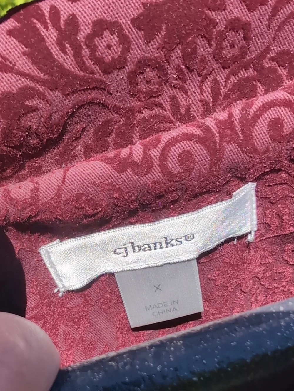 Deep Red Velvet Embossed CJ Banks Maroon Damask Zip-Up Jacket